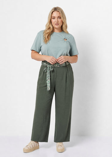 Pantalon taille haute ceinture foulard Kaki