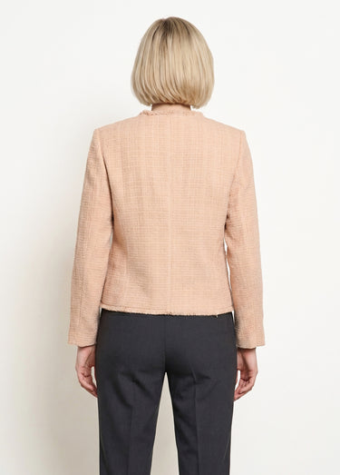 Veste tweed boutonnée frangée sans col Amande