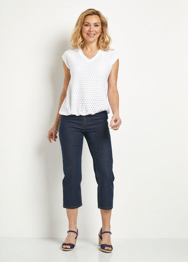 T-shirt ample blousant court uni col V Blanc