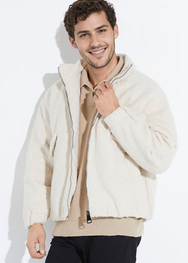 Blouson façon peau lainée, col montant Beige