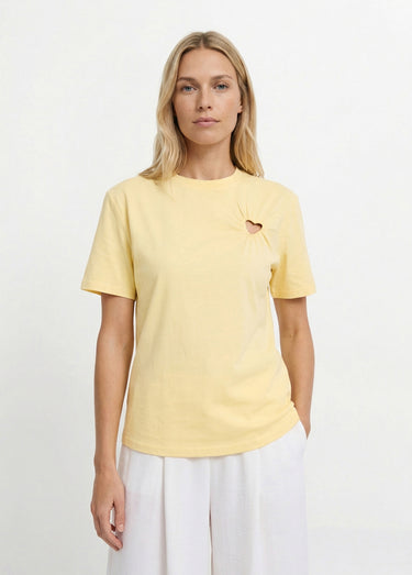 T-shirt col rond, motif cœur tissu évidé Jaune