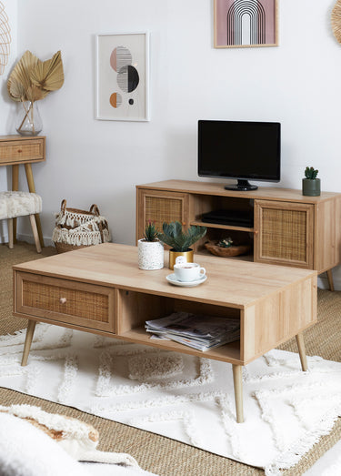 Table basse 1 tiroir, bois et cannage Marron
