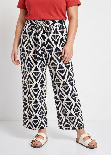 Pantalon large imprimé ethnique losanges Marine/Ecru