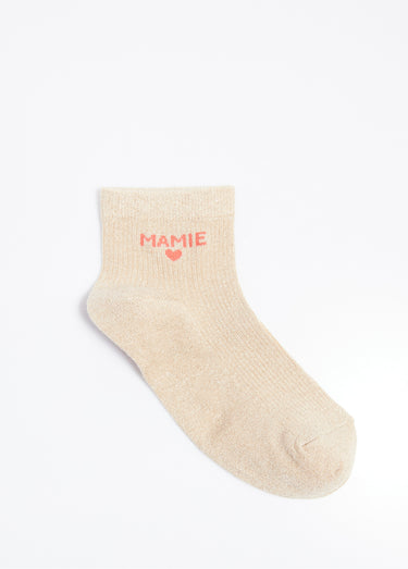 Socquettes fil métallisé, message MAMIE Beige