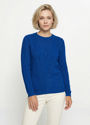 Pull col rond maille ajourée et boules Bleu