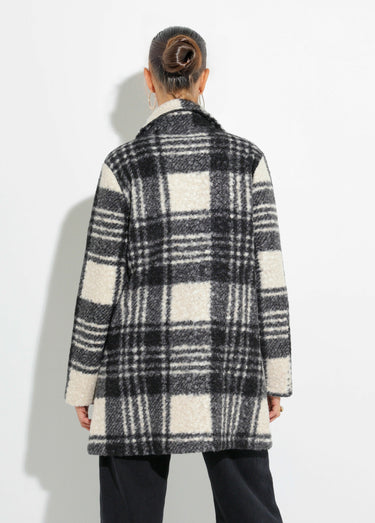 Caban carreaux long façon laine bouclée Noir/Ecru