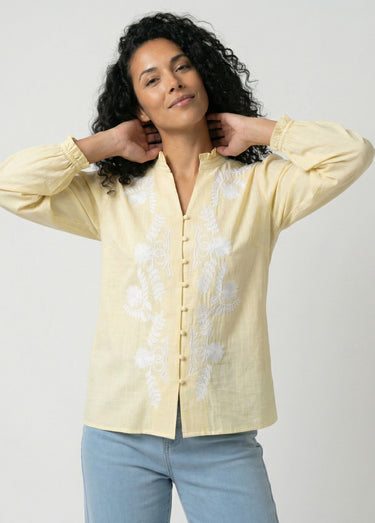 Chemisier brodé boutonné col volanté Jaune/Blanc