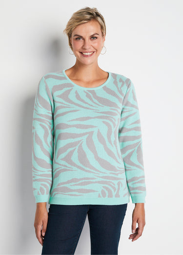 Pull doux jacquard zèbre col rond Onyx gris