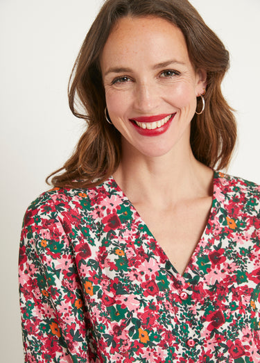 Robe courte évasée fleurie col V boutonné Rose/Vert