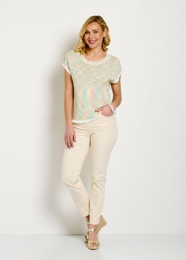 Pull doux col rond sans manches effet rayé Vert