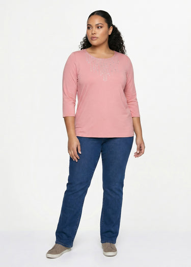 T-shirt manches 3/4 clouté fantaisie Rose