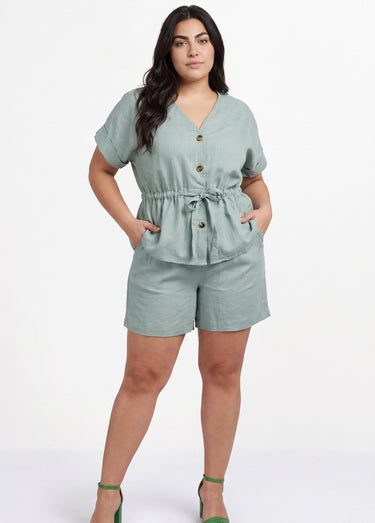 Short large élastiqué avec lin Vert