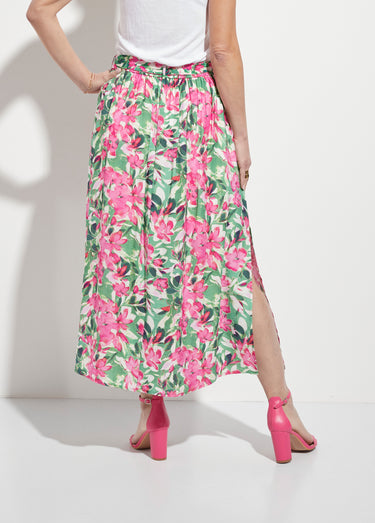 Jupe longue plissée fleurie fentes côtés Vert/Rose