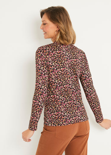 T-shirt court  imprimé col montant Noir/Fuchsia