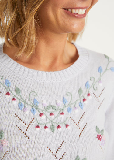 Pull doux uni brodé ajouré col rond Argent
