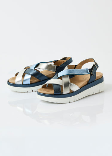 Sandales multibrides compensées grande largeur Marine/Argente