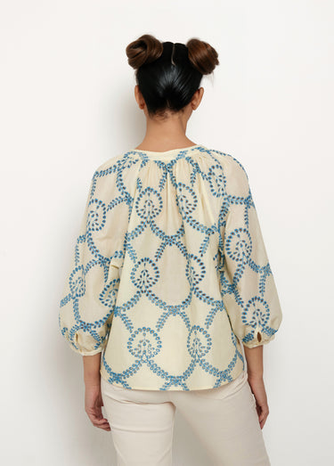 Blouse ample broderies ajourées manches 3/4 Ecru