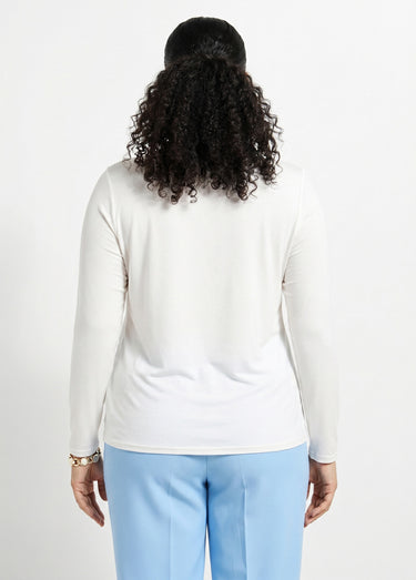 T-shirt court dentelle col V manches longues Ecru