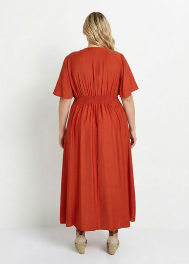Robe longue taille haute plissée, col V Terracota