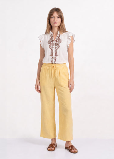 Pantalon large chiné élastiqué avec lin Jaune