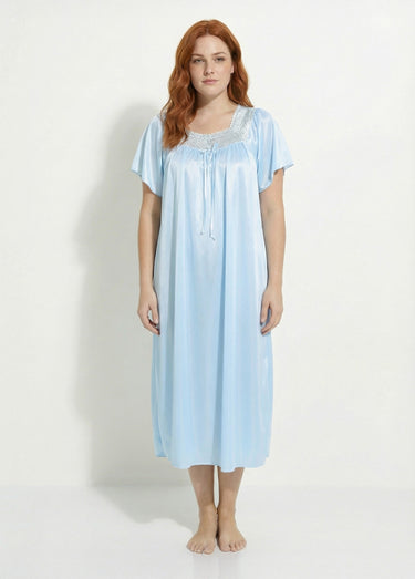 Chemise de nuit satinée longue antistatique dentelle Turquoise