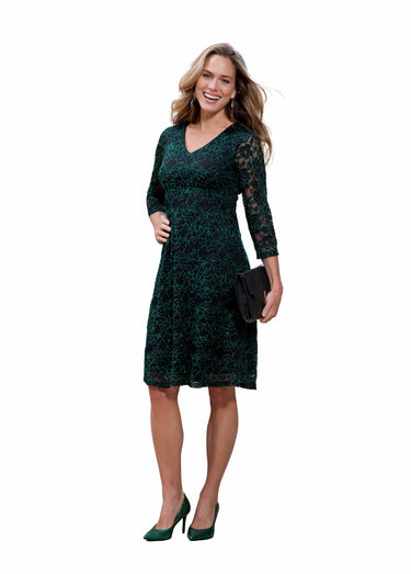 Robe courte évasée dentelle col V Noir/Vert