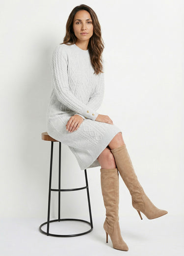 Robe-pull courte tricot uni col rond Gris Chine