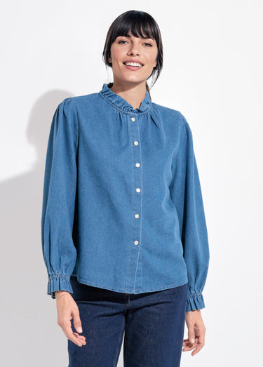 Chemise en denim boutonnée, col volanté Denim