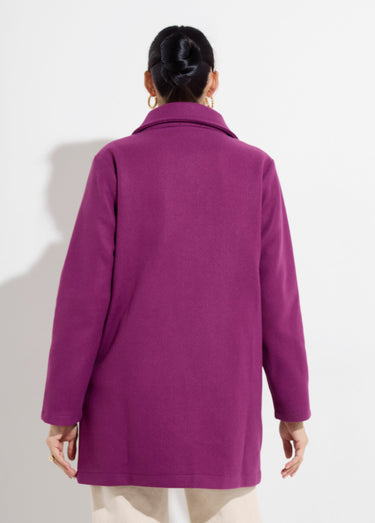Caban long uni façon drap de laine Prune