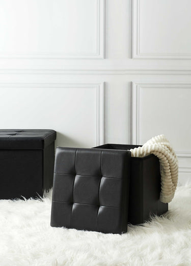 Pouf coffre pliable simili cuir capitons Noir