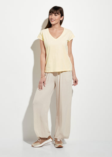 T-shirt col V sans manches maille coton Jaune Clair