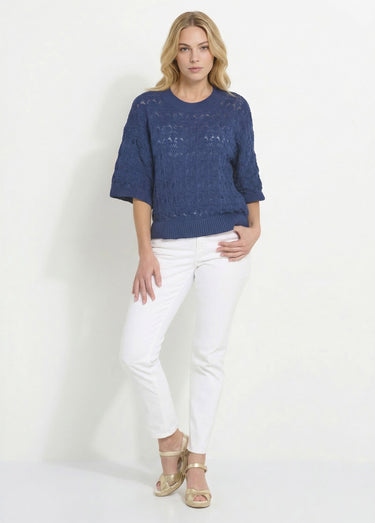 Pull manches courtes en maille ajourée Indigo