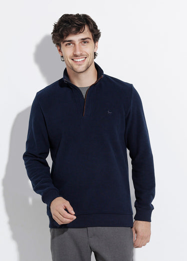 Pull épais jersey de coton, col zippé Bleu Marine