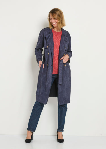Trench long aspect suédine Bleu Marine