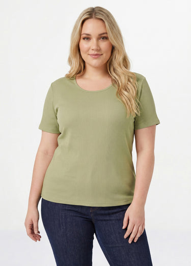 T-shirt coton côtelé col rond Kaki