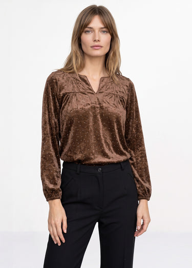 Tunique velours avec strass et col V Marron