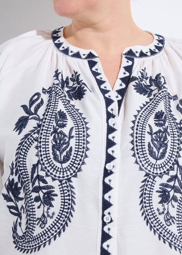 Blouse avec broderies et petit col V Blanc/Marine