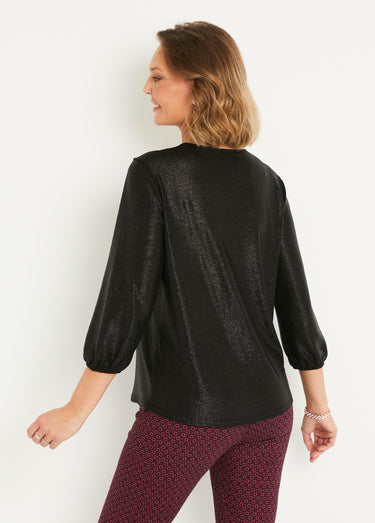 T-shirt mi long ample maille brillante col V Noir