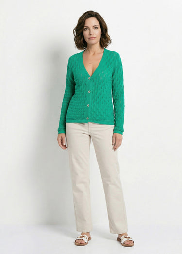 Cardigan col V boutonné ajouré uni coton Vert