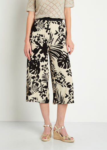 Pantacourt large fluide ceinture élastiquée Noir/Beige