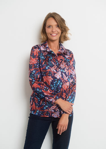 Blouse satin col V manches élastiquées Bleu / Orange