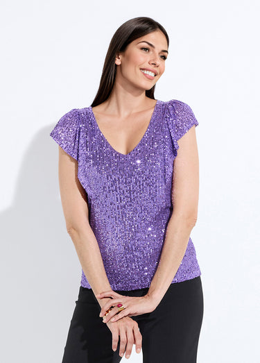 T-shirt sequins manches courtes col V Violet