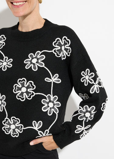 Pull montant application fleurs brodées Noir