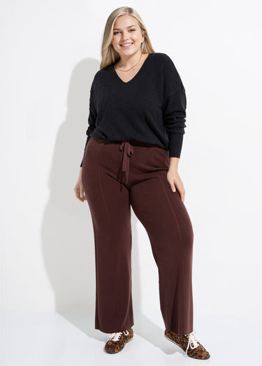 Pantalon large confort, jeu de mailles Chocolat