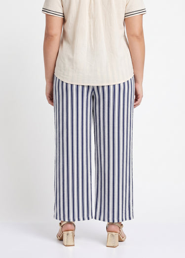 Pantalon rayé ceinturé, fils métallisés Marine/Ecru