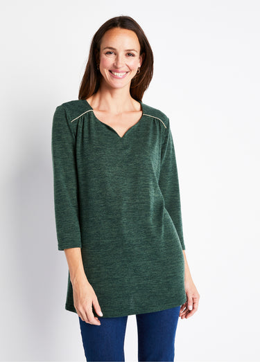 T-shirt long évasé manches 3/4 col rond Uni Vert