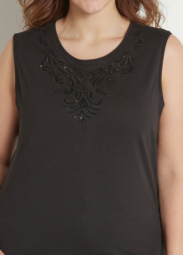 Débardeur uni court brodé sequins Noir