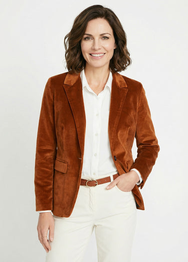 Veste blazer droite velours uni col tailleur Camel