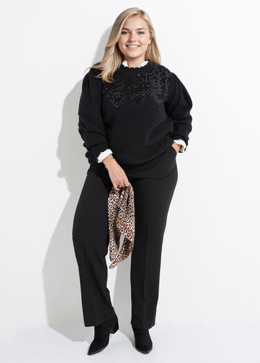 Pull col V maille fantaisie et sequins Noir