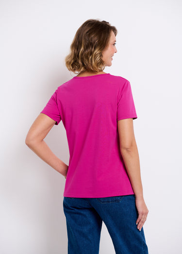 T-shirt col V ajouré brodé Fuchsia